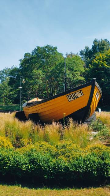 Altes Fischerboot auf der grünen Wiese
