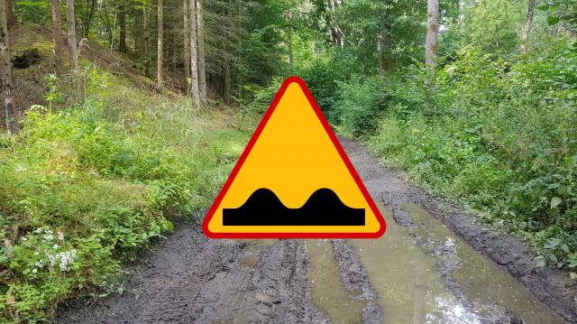 Behelfsmäßiger Abschnitt der Strecke Brzeźniak - Kumki in schlechtem Zustand.