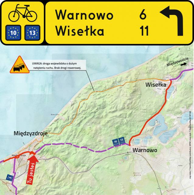 Brak oznakowania od Międzyzdrojów do Wisełki